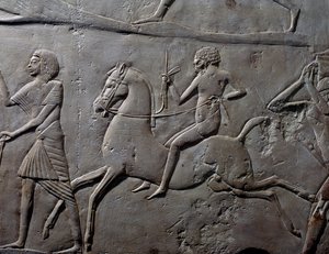 Staffellauf zu Pferd, Detail eines Wandreliefs, das ein Militärlager von Soldaten darstellt, Kalkstein, aus dem memphitischen Grab von Horemheb in Saqqara, ägyptische Zivilisation, Neues Reich, 18. Dynastie von Egyptian 18th Dynasty