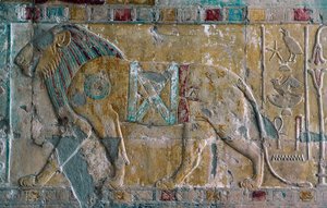 Relief, das Hatschepsut als Löwe darstellt, Totentempel der Hatschepsut, Deir el-Bahari, Luxor, Theben (Unesco-Welterbeliste)