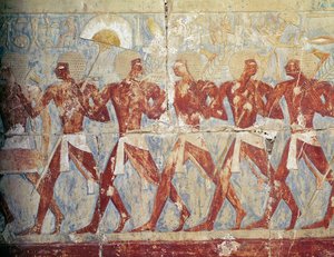 Relief, das eine Parade zu Ehren der Göttin Hathor zeigt, aus dem Totentempel von Hatschepsut (ca. 1503-1482 v. Chr.) Neues Reich von Egyptian 18th Dynasty
