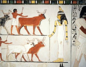 Hirten und Vieh vor der Göttin Imentet, Fresko, Südwand, Längskammer, Thebanisches Grab TT69, Sheikh Abd el-Qurna, Theben (Unesco-Welterbeliste)