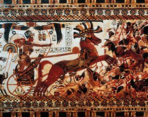 Die Jagdhütte. Detail der Szene, die den König auf seinem Streitwagen zeigt, wie er asiatische Feinde besiegt