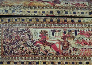 Tutanchamun auf seinem Streitwagen, wie er Afrikaner angreift, Detail von der Seite einer Truhe, Neues Reich, ca. 1340 v. Chr. von Egyptian 18th Dynasty