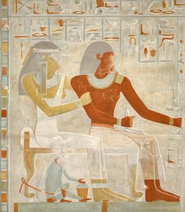 Illustration des Freskos Paheri und seine Frau Henut-er-neheh aus dem Grab von Paheri in El Kab, Ägypten, Bild veröffentlicht 1895 (Druck) von Egyptian 18th Dynasty
