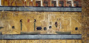 Boote mit Sistren, Göttinnen und Skarabäus, Gott mit Straußenfeder und Mond auf Kasten, Fresko aus der großen Hypostylhalle des Grabes von Sethos I., Tal der Könige, Luxor, Theben