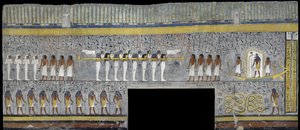 Ägypten, Theben, Luxor, Tal der Könige, Grab von Ramses I, Wandmalerei von Ra in der Sonnenbarke in der Grabkammer aus der 19. Dynastie von Egyptian 19th Dynasty