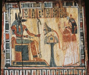 Bemalte Holzkiste mit Darstellung des Verstorbenen und des Gottes Anubis, für Shabtis von Tamutnofret