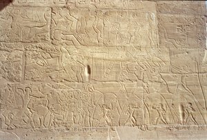 Relief, das ägyptische Truppen zeigt, die die hethitische Stadt Dapur stürmen, aus der Großen Hypostylhalle, Neues Reich, ca. 1297-1185 v. Chr.