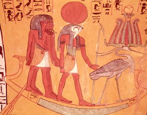 Sonnenbarke mit Re-Horakhty, dem Benu-Vogel und vier anderen Gottheiten, aus dem Grab von Sennedjem, Das Arbeiterdorf, Neues Reich