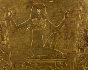 Die Göttin Isis, dekoratives Detail des Sarkophags von Königin Tuya, Mutter von Ramses II., vergoldetes Holz, ägyptische Zivilisation, Neues Reich, Dynastie XIX