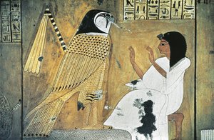 Wandmalerei einer Szene aus dem Buch der Toten, Verwandlung in einen goldenen Falken von Egyptian 20th Dynasty
