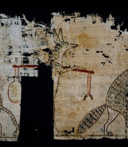 Papyrus, der eine satirische Szene darstellt, ca. 1100 v. Chr., aus der Regierungszeit von Ramses IX., Detail, Ägyptische Zivilisation, Neues Reich, Dynastie XX