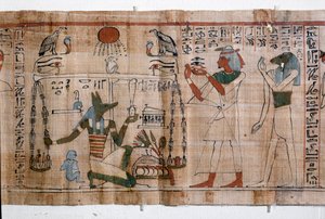 Ägyptische Antike: Psychostasie (Seelenwägung). Papyrus aus einem Totenbuch, 21. Dynastie