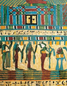 Verputztes und bemaltes Holztafel-Detail mit Gerichtskammer und Gott Osiris, gefolgt von Gottheiten, aus dem Sarkophag von Usai, Theben