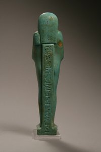 Rückansicht einer Uschebti-Figur für Hekaemsaf, Admiral der Flotte, Regierungszeit von Amasis, 570-526 v. Chr. (Faience)
