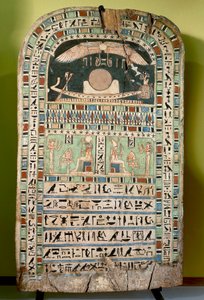 Die Göttin Udjarenes verehrt die Sonne, links der Gott Ra-Horakhty, rechts der Gott Aton, bemaltes Holz. Ägyptische Zivilisation, Spätzeit, Dynastie XXVI von Egyptian 26th Dynasty