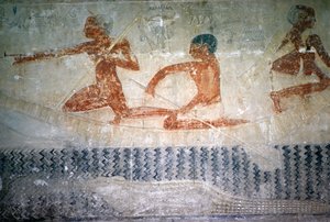 Fischer und ein Krokodil von der Nordwand der Mastaba-Kapelle von Ti, Altes Reich