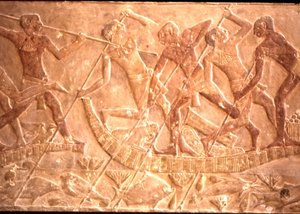 Männer, die Fische von einem Papyrusboot aus speeren, Ptah-Hotep-Grab, 5. Dynastie (Foto)