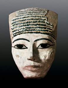 Altes Ägypten: Porträt für einen ägyptischen Sarkophag. 17.-12. Jahrhundert v. Chr. Polychrome Holzschnitzerei. Monistrol von Montserrat, Montserrat Museum.