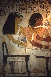 Altes Ägypten, Wandmalerei, Grab von Sennufer, Theben, Sennufer und seine Schwester Merit halten Lotusblumen, Sennufer, Bürgermeister von Theben und Aufseher unter Pharao Amenophis II