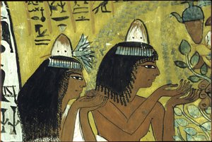 Altes Ägypten, Wandmalerei, Sennedjem und seine Frau verehren Isis im Persea-Baum, Grab von Sennedjem, Theben, Deir el Medina