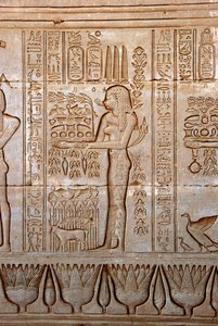 Ägyptische Antike: Darstellung einer jungen Frau, die Opfergaben als Hommage an die Göttin bringt, Tempel von Hathor, Denderah, Ägypten