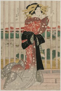 Die Kurtisane Meizan vom Chojiya auf einem Balkon mit Blick auf den Sumida-Fluss, ca. frühe oder mittlere 1820er Jahre