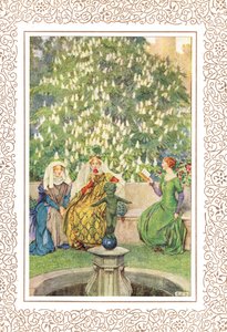Die Königin, die zwischen ihrer besten Enid und der anmutigen Vivien saß..., Illustration aus 