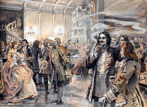 Osterfeiern am Hof von Peter dem Großen (Pierre le grand) - Gemälde von Elena Petrovna Samokish Sudkovskaya (Samokish-Sudkovskaya)(1863-1924) - Aquarell, Gouache auf Karton, 25,38x35 - Privatbesitz