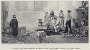 Der antike griechische Künstler Zeuxis wählt aus den schönsten Frauen der Stadt Kroton das Modell für sein Gemälde von Helena von Troja (Stich)