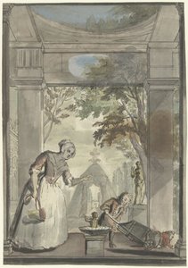 Dienstmagd bei einem Jungen, der ein Kind aus einer Schubkarre fallen lässt von Elias van Nijmegen