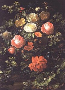 Stillleben mit Rosen, Insekten und Schnecken