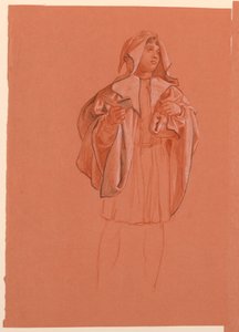 Zeichnung, Studie einer Figur in einem Kapuzenkostüm von Elihu Vedder
