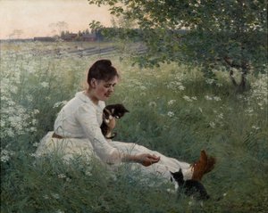 Mädchen mit Katzen in einer Sommerlandschaft
