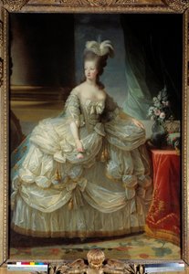 Ganzkörperporträt von Marie Antoinette von Lothringen-Habsburg, Königin von Frankreich, in großem Hofkleid, eine Rose in der Hand