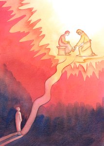 Eine Person, die aus Liebe zu Gott ihren Nächsten liebt und dient, geht einen harten Weg zum Himmel, mit steilen Anstiegen