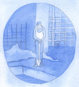 Ein Arbeiter lehnt sich auf seine Schaufel inmitten des Durcheinanders und der Unordnung einer Baustelle, ohne den Grund für all seine Mühe zu sehen: So ist es mit uns, wenn wir im Glauben ausharren!