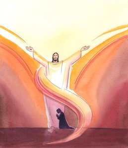 Christus ist wirklich im Tabernakel gegenwärtig, betet ständig für uns, seine Arme im Gebet zum Vater ausgestreckt, den Christus in der Herrlichkeit sieht, die wir noch nicht sehen können