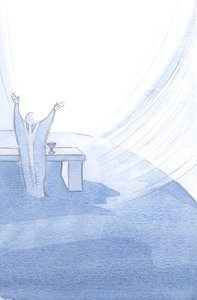 Christus erhält seine heilige Kirche in jedem Moment ihres Lebens, mit ausgestreckten Armen, während er sein heiliges Opfer darbringt. von Elizabeth Wang