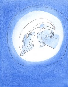 Gott der Vater, sich der schrecklichen Kosten der Menschwerdung bewusst, streckt sich durch seinen Heiligen Geist zu seinem geliebten Sohn aus, der bereitwillig zustimmt, zur Erde zu kommen, um uns zu retten von Elizabeth Wang