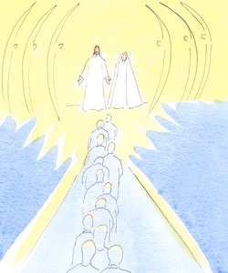 Jesus, der Gekreuzigte, wartet am Tor des Himmels mit seiner Mutter Maria und den heiligen Engeln