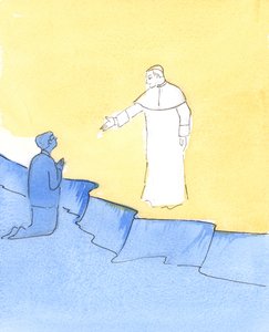 Papst Johannes Paul steht im Himmel und streckt seine Hand zur Begrüßung aus, während wir um seine Hilfe bitten