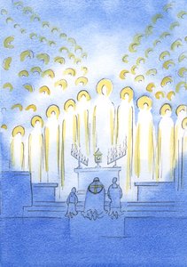 Die Heiligen sind hier mit Christus versammelt, bei der Aussetzung, alle strahlend vor Freude über seine Liebe und unsere Hingabe von Elizabeth Wang
