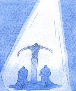 Der leidende Erlöser steht mit ausgestreckten Armen, um reuige Menschen zu schützen; und der Vater schaut liebevoll vom Himmel auf seinen Sohn
