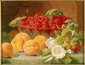 Schale mit Himbeeren und Pfirsichen