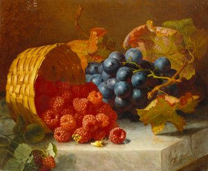 Stillleben mit Himbeeren und einem Traubenbündel auf einem Marmorsims, 1882