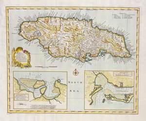 Karte der Insel Jamaika, unterteilt in ihre Hauptgemeinden, ca. 1760 von Emanuel Bowen