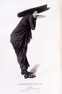 Gesamtwerk von Beaumarchais (1732-1799) von Edouard Fournier. Zeichnung von Emile Bayard. Ed. Laplace, Sanchez et Cie, Paris 1876. Dies ist Bazile in „Der Barbier von Sevilla“ von Emile Antoine Bayard