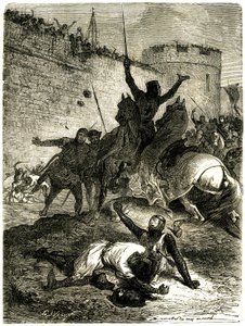 Kreuzzug gegen die Albigenser - Belagerung von Toulouse, 25. Juni 1218. Simons Bruder de Montfort wurde gerade von einem Pfeil verletzt, Simon de Montfort selbst wird von einer Katapultkugel getötet, es heißt, von einer der Frauen von Toulouse, die