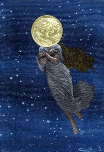 Gravur von Emile Bayard aus Jules Vernes Buch „Rund um den Mond“ (Hetzel-Ausgabe/Voyages extraordinaire 1870): Beschreibung des Mondes, gezeichnet mit dem Körper einer jungen Frau