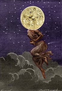 Gravur von Emile Bayard aus Jules Vernes Buch „Rund um den Mond“ (Hetzel-Ausgabe/Voyages extraordinaire 1870): der Mond personifiziert mit dem Körper einer jungen Frau... leidend an einer Kolik!